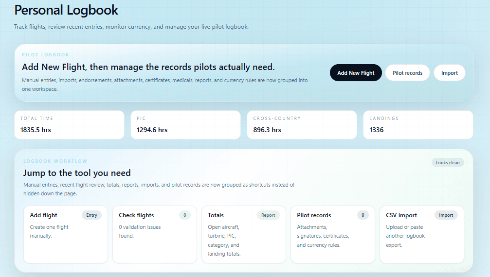 Personal logbook home showing totals and shortcuts for add flight, check flights, totals, pilot records, and CSV import.