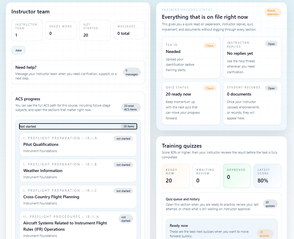 Student dashboard showing instructor team, training records status, ACS progress, and quiz status panels.